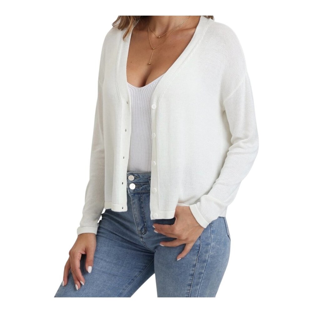 89th & Madison Women's Whisper White Button Drop Shoulder Cardigan